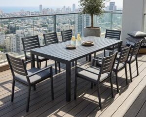 Matzo Gunmetal Table 2100X900X750H + 8 Mayfair Cha