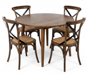 Reeves Deep Oak 1.2M Round Table + 4 Villa X-Back