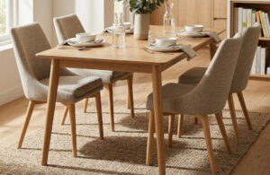 Nordik oak extension table with eva dining chairs in grey fabric