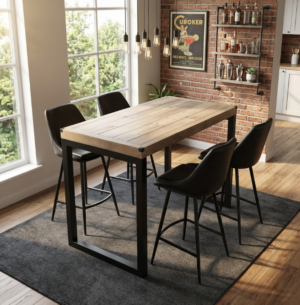 Flint Industrial Bar Table + 4 Black Bari Barstool