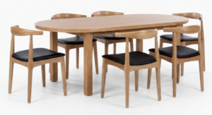 Arc Natural Oak Dining Table + 6 Elbow Dining Chai