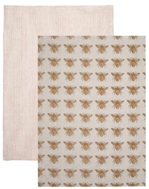 Honey Bee Tea Towel Mustard Set Of 2 Recycled Cott